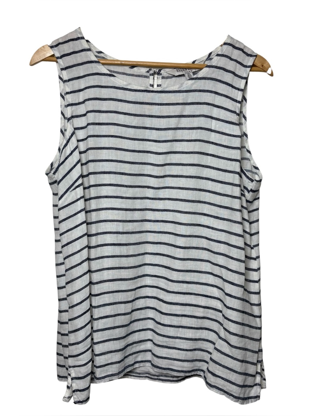 Ellen Tracy Linen Shirt Top Women's Large White Blue Striped Sleeveless Coastal